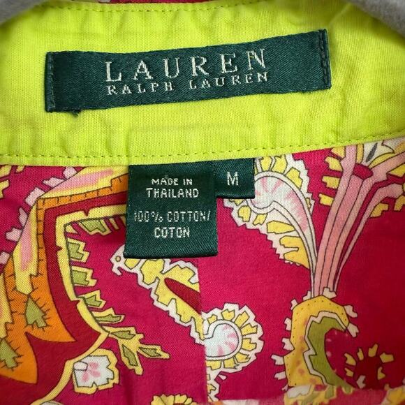 Lauren Ralph Lauren Paisley Cotton Button Up Neon Pink Green Funky Retro Sz M - Picture 2 of 7